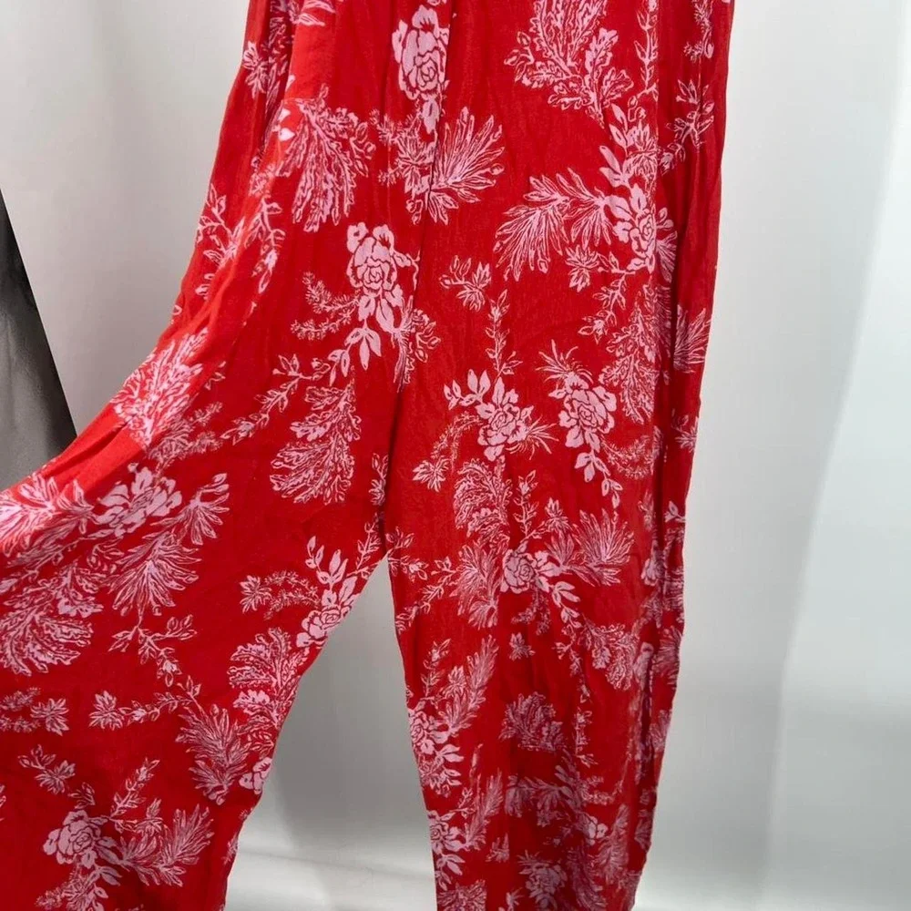 Free People Wide Leg Jumpsuit Red Floral Tropical Medium 8 Colorful Beachy Boho